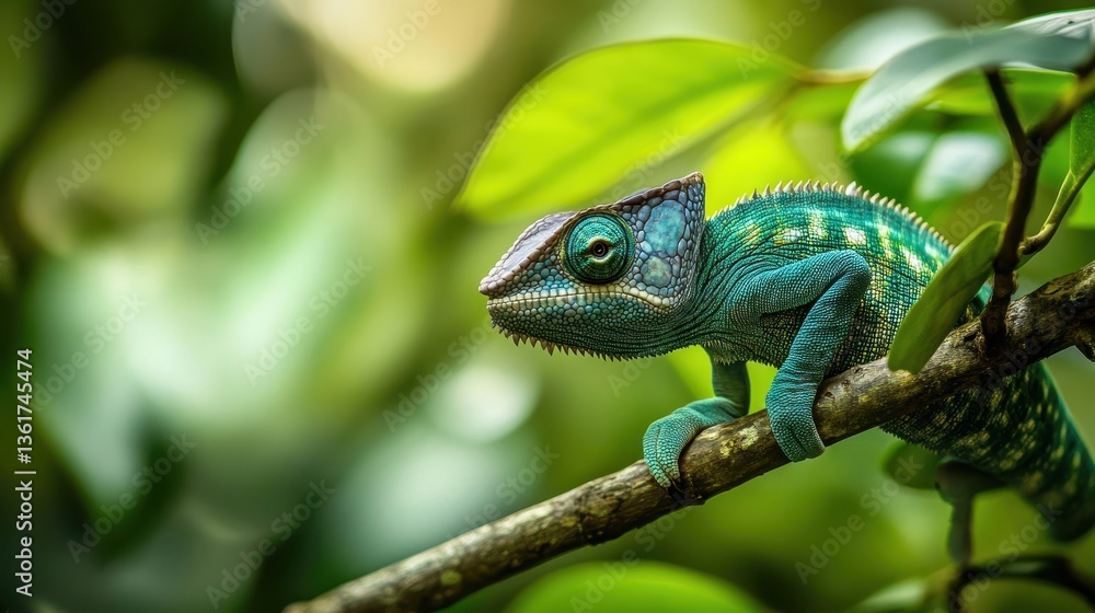 Fototapeta premium A colorful chameleon is perched on a tree branch in nature
