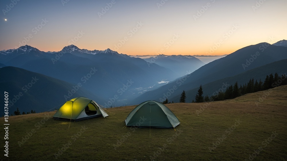 Mountain Majesty: Tents Gleaming Under the Twilight Sky, Embracing the Serenity of Nature's Breathtaking Vistas. Mountain Majesty: Tents Gleaming Under the Twilight Sky, Embracing the Serenity of Nature's Breathtaking Vistas.