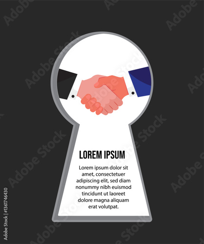 Businessmen shaking hands seen through a keyhole stock illustration. Vector illustration.