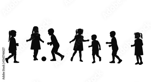 Silhouettes of children walking dancing and playing in various activities