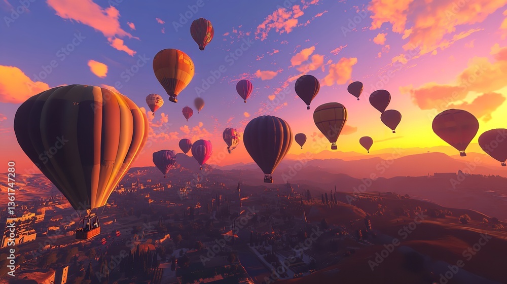 Naklejka premium Stunning Sunset Hot Air Balloons Aerial View Landscape Colorful Sky Amazing Travel Adventure Romantic Scenic Beautiful Balloons Flight Over Cityscape 