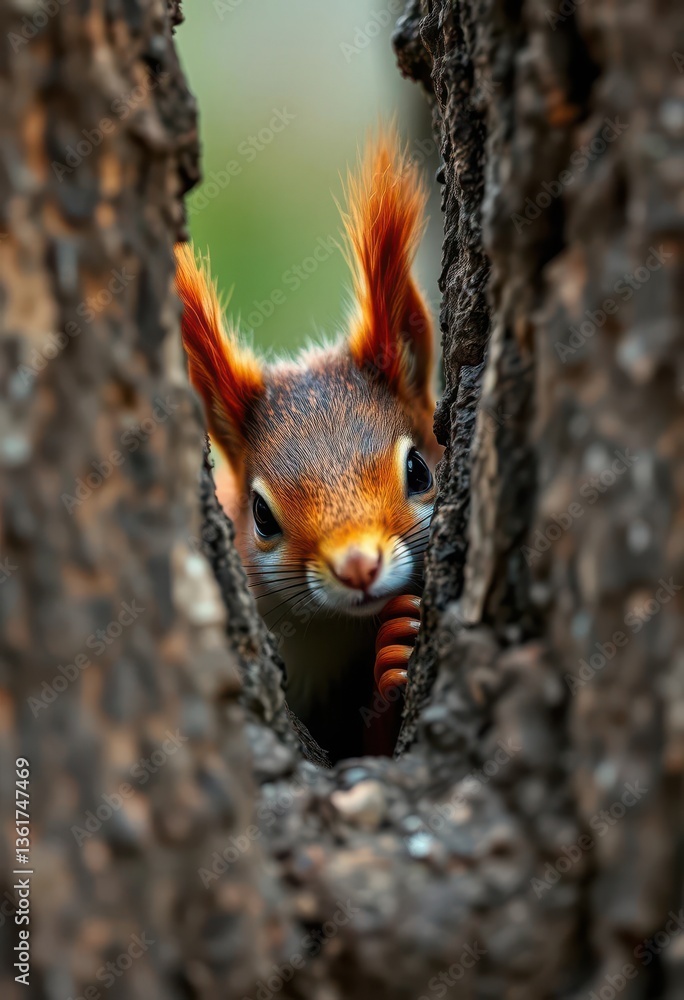 A curious red squirrel's face peeks from behind a large tree trunk, mammal, leaves A curious red squirrel's face peeks from behind a large tree trunk, mammal, leaves