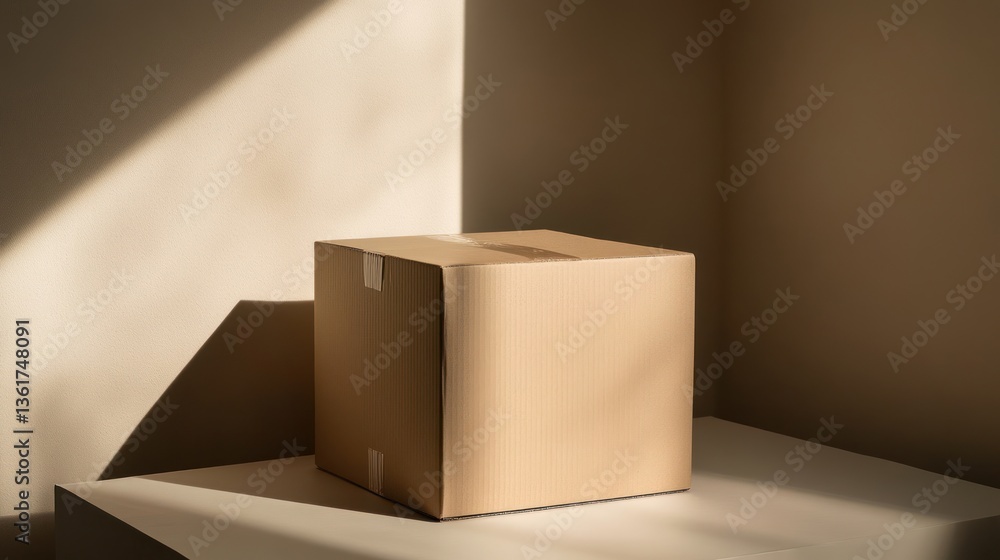 Fototapeta premium Empty Cardboard Box, Sunlight, Minimalist Still Life, Product Presentation, Packaging Design
