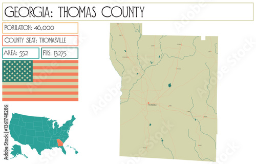 Large and detailed map of Thomas County in Georgia USA.