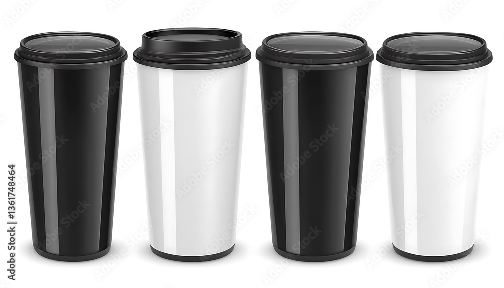 Four disposable coffee cups; two black, two white. Four disposable coffee cups; two black, two white.
