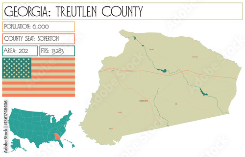 Large and detailed map of Treutlen County in Georgia USA.