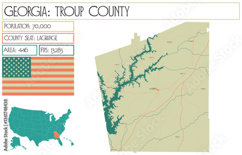 Large and detailed map of Troup County in Georgia USA.