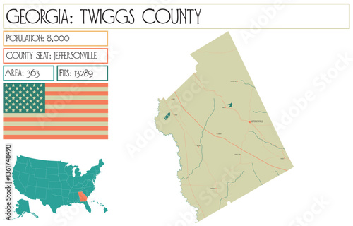Large and detailed map of Twiggs County in Georgia USA.