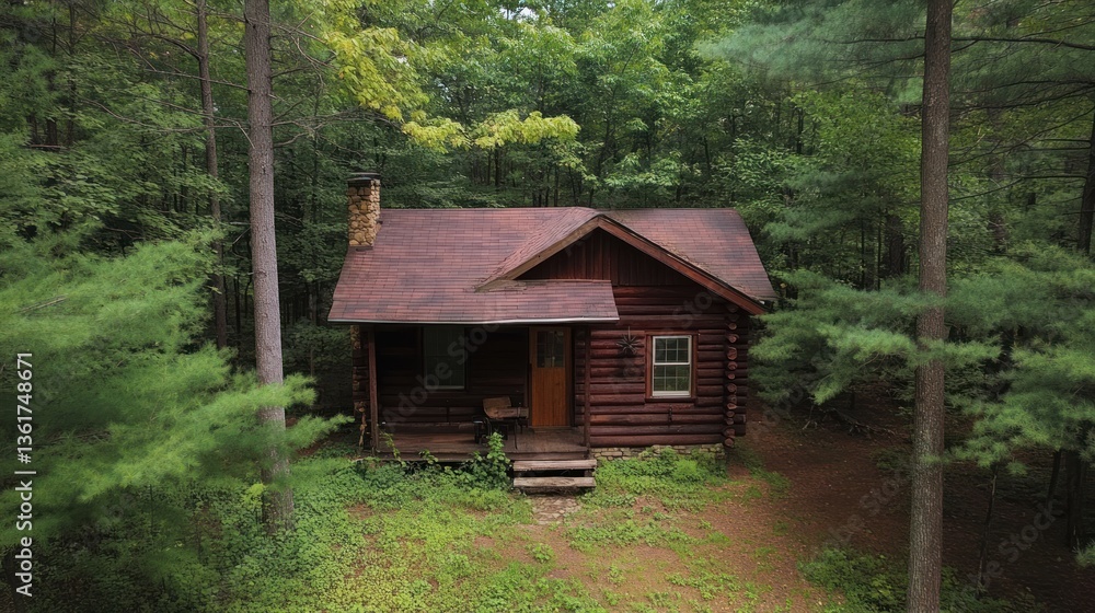 Secluded log cabin retreat nestled amidst lush greenery of a dense pine forest Secluded log cabin retreat nestled amidst lush greenery of a dense pine forest