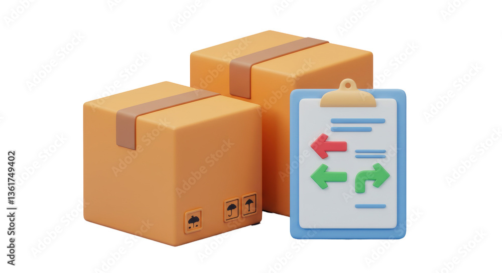 Obraz premium Isolated 3D Render of Delivery Boxes with a Clipboard Showing Arrows