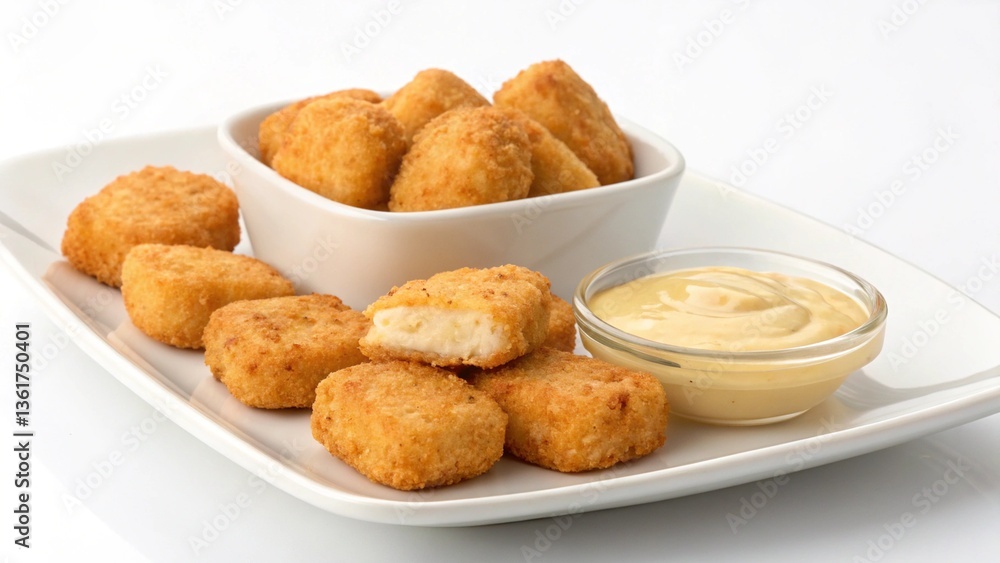 deep fried chicken nuggets with cheese sauce on white plate deep fried chicken nuggets with cheese sauce on white plate