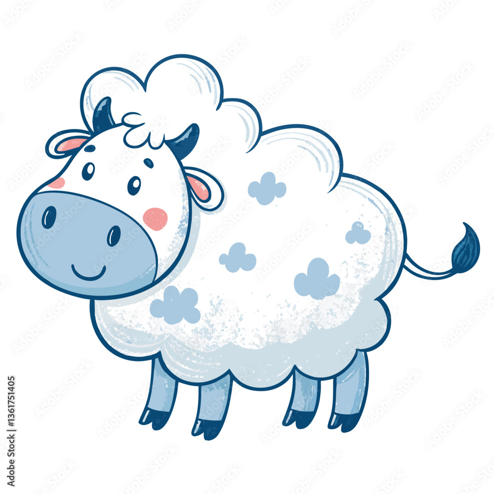 Create a bold, vector illustration of a fluffy cow shaped like a cloud, featuring thick outlines and vibrant colors. Include a single, prominent detail. Create a bold, vector illustration of a fluffy cow shaped like a cloud, featuring thick outlines and vibrant colors. Include a single, prominent detail.