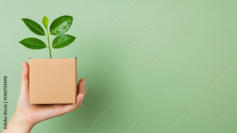 A hand holds a small cardboard box with a green plant sprouting from it against a light green background, symbolizing growth and sustainability, Eco-Friendly Packaging cup. A hand holds a small cardboard box with a green plant sprouting from it against a light green background, symbolizing growth and sustainability, Eco-Friendly Packaging cup.