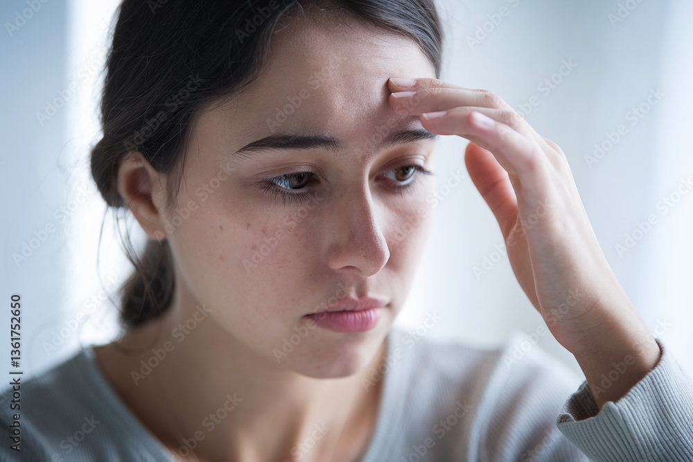 Close-up of young woman touching her forehead, showing a pensive expression, conveying feelings of stress, worry, or contemplation Close-up of young woman touching her forehead, showing a pensive expression, conveying feelings of stress, worry, or contemplation