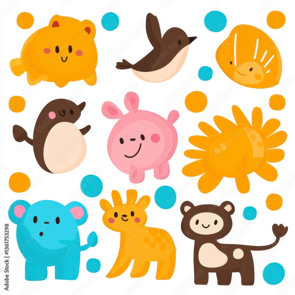 Naklejka premium Adorable Pastel Cartoon Animals on White Background