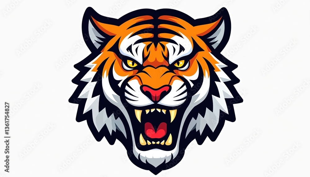 Flat color tiger logo. Aggressive big cat, wild animal mascot. Isolated illustration suitable for esport team, game logo. Powerful beast, predator. Furious tiger face with fangs on white background. Flat color tiger logo. Aggressive big cat, wild animal mascot. Isolated illustration suitable for esport team, game logo. Powerful beast, predator. Furious tiger face with fangs on white background.