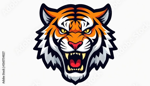 Wallpaper Mural Flat color tiger logo. Aggressive big cat, wild animal mascot. Isolated illustration suitable for esport team, game logo. Powerful beast, predator. Furious tiger face with fangs on white background. Torontodigital.ca