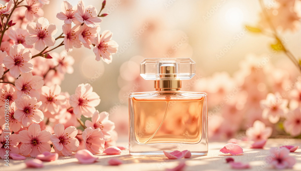Enchanting perfume bottle surrounded by blooming flowers, spring beauty Enchanting perfume bottle surrounded by blooming flowers, spring beauty