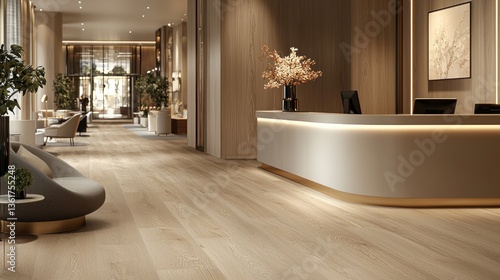 Modern hotel lobby with elegant design and warm lighting
