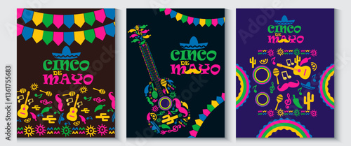 Cinco de Mayo colorful fun design. Mexican fiesta concept. Banner, poster  template background for mexico independence celebration with music and giutar, flowers, decorations and copy space for text.