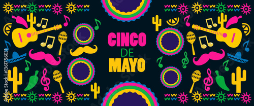 Cinco de Mayo colorful fun design. Mexican fiesta concept. Banner, poster  template background for mexico independence celebration with music and giutar, flowers, decorations and copy space for text.