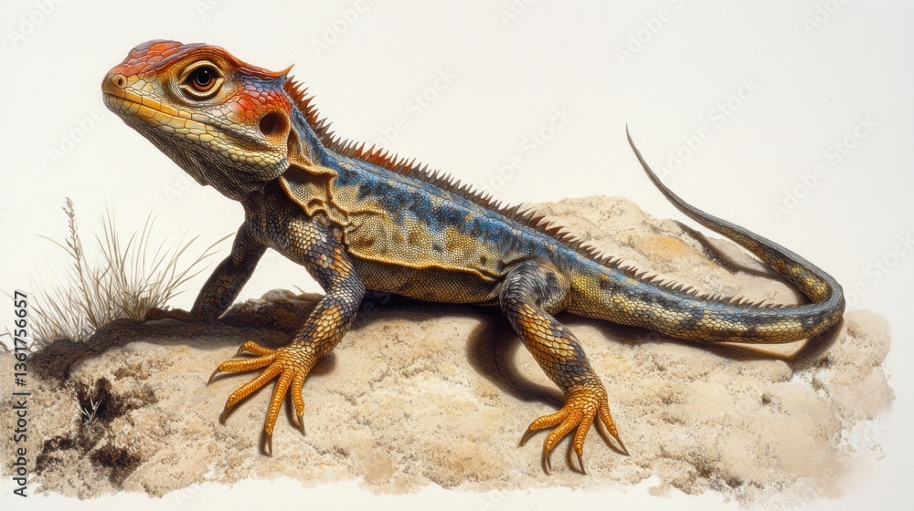 Naklejka premium vibrant collared lizard basking atop a sandy mound showcasing its intricate scales and spiky dorsal crest under soft diffused lighting conditions