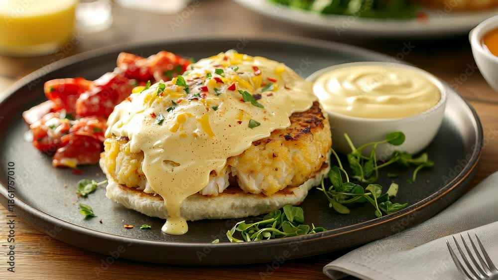 Delicious crab cakes served with creamy sauce and fresh vegetables at a coastal restaurant Delicious crab cakes served with creamy sauce and fresh vegetables at a coastal restaurant