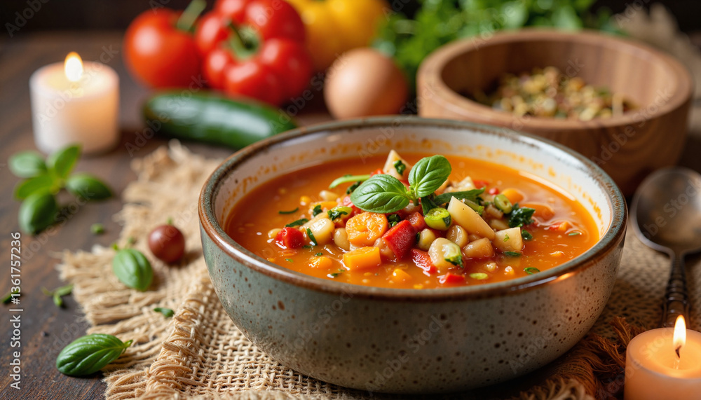 Warm vegetable soup in rustic bowl on cozy table, healthy lifestyle Warm vegetable soup in rustic bowl on cozy table, healthy lifestyle