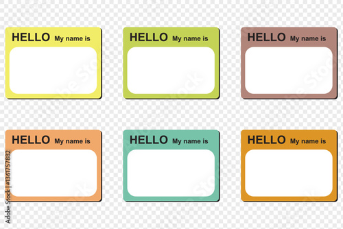 Hello my name is, sticker label set. Meeting, introduction, vector flat colored illustration on white background .