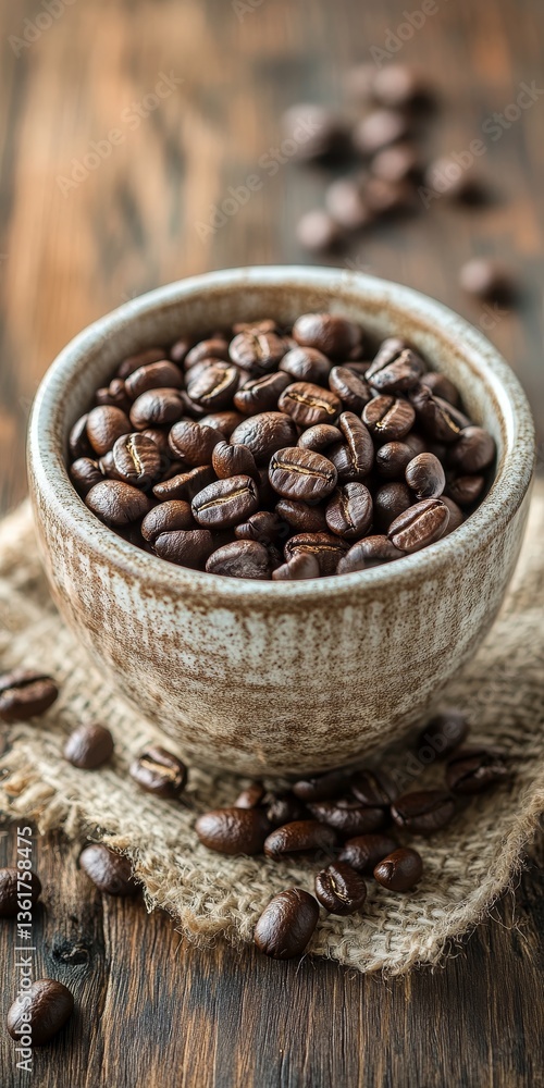Fototapeta premium Aromatic Freshly Roasted Coffee Beans Fill Rustic Bowl on Burlap, Beverage Ingredient, Recipe Image