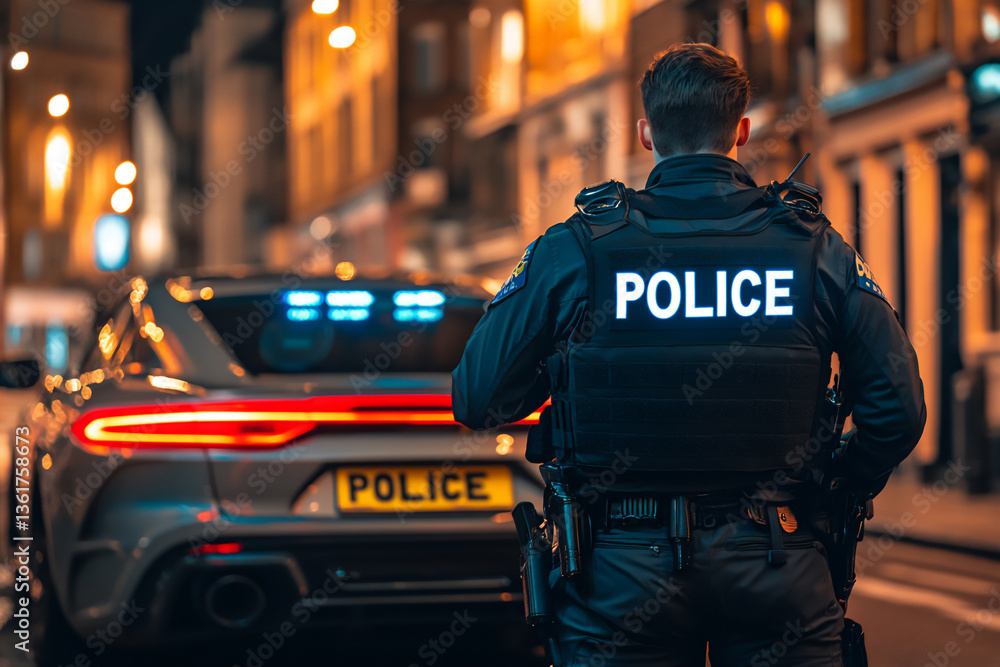 Fototapeta premium a police officer standing next to their car with blue and red lights flashing, the word police on their vest,