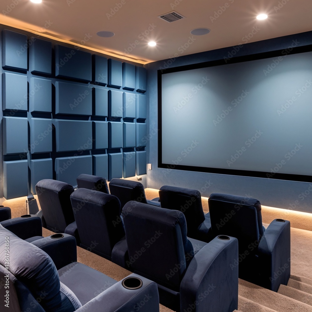 Empty cinema auditorium with rows of seats facing the large screen in the dark theater hall Empty cinema auditorium with rows of seats facing the large screen in the dark theater hall