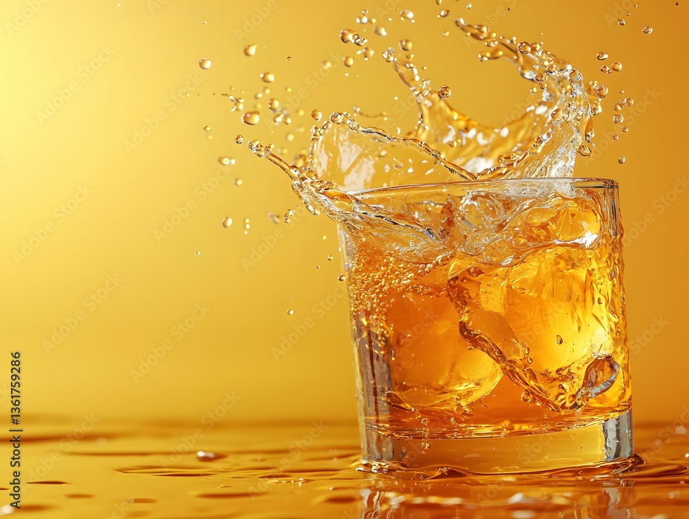 Sophisticated glass of whiskey with ice cubes in a glamorous setting evoking a sense of indulgence and luxury Sophisticated glass of whiskey with ice cubes in a glamorous setting evoking a sense of indulgence and luxury