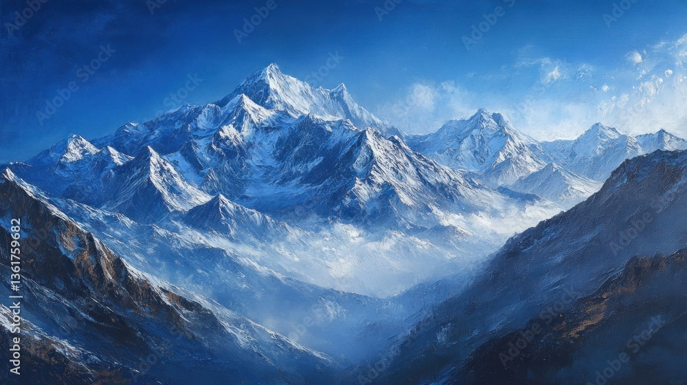 Majestic snow-capped peaks piercing a crisp blue sky, a high-altitude panorama Majestic snow-capped peaks piercing a crisp blue sky, a high-altitude panorama