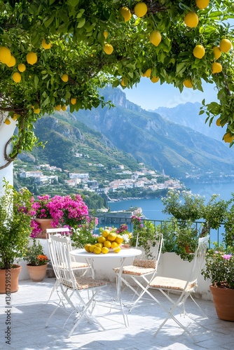 Picturesque patio on the Amalfi Coast with white furniture, lemon tree canopy, vibrant flowers, and panoramic seaside view, embodying Italian charm and summer lifestyle
