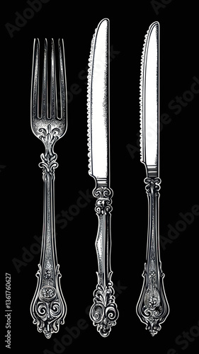 Ornate Vintage Fork and Knife Etching: Antique Engraved Silverware Vector Art