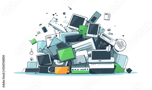 Minimalist Flat Vector Illustration of E-Waste Pile Highlighting Environmental Impact