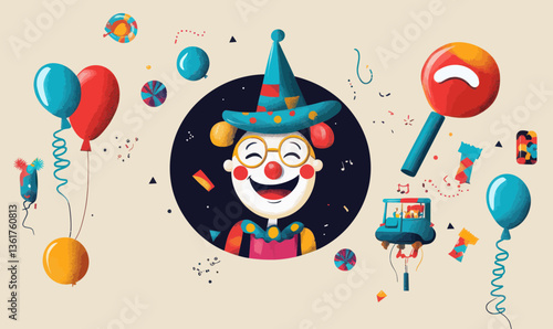 Playful April Fools Day Vector with Clown, Balloons, and Fun Illustrations for Cards