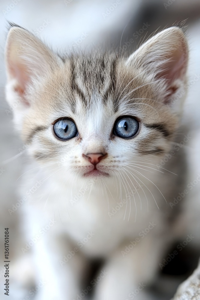 Curious Gray and White Kitten Portrait, with Bright Blue Eyes and Expressive Face, Close Up Curious Gray and White Kitten Portrait, with Bright Blue Eyes and Expressive Face, Close Up