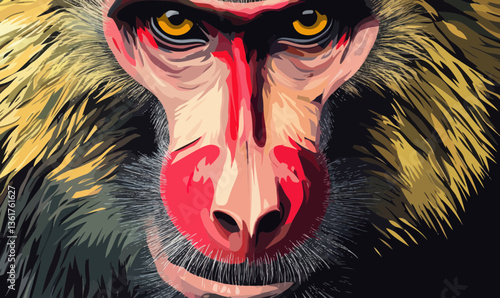 Vibrant Mandrill Monkey Close-Up in Minimalist Vector Art Style Wallpaper