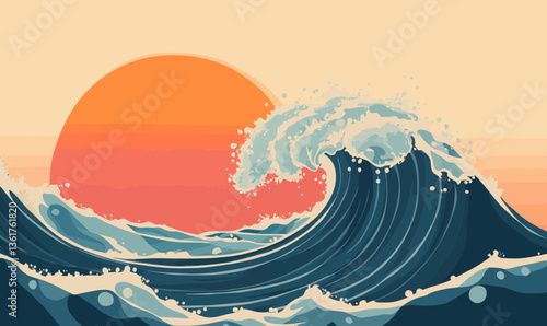 Dynamic Tsunami Wave Cross-Section Vector Illustration of Hydrodynamics and Water Flow