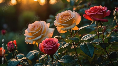 A serene garden scene featuring blooming roses in soft sunlight.