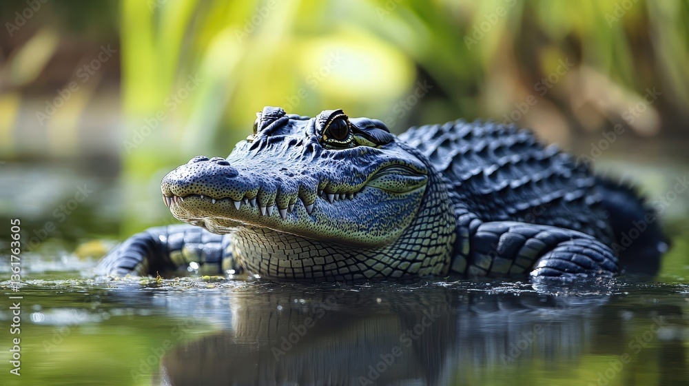 The Large Alligator Resting Calmly In Shallows Of Water The Large Alligator Resting Calmly In Shallows Of Water