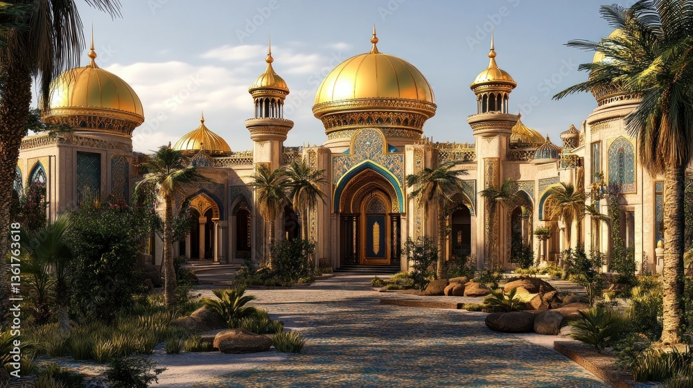 Majestic arabian palace with golden domes and intricate detailing architecture