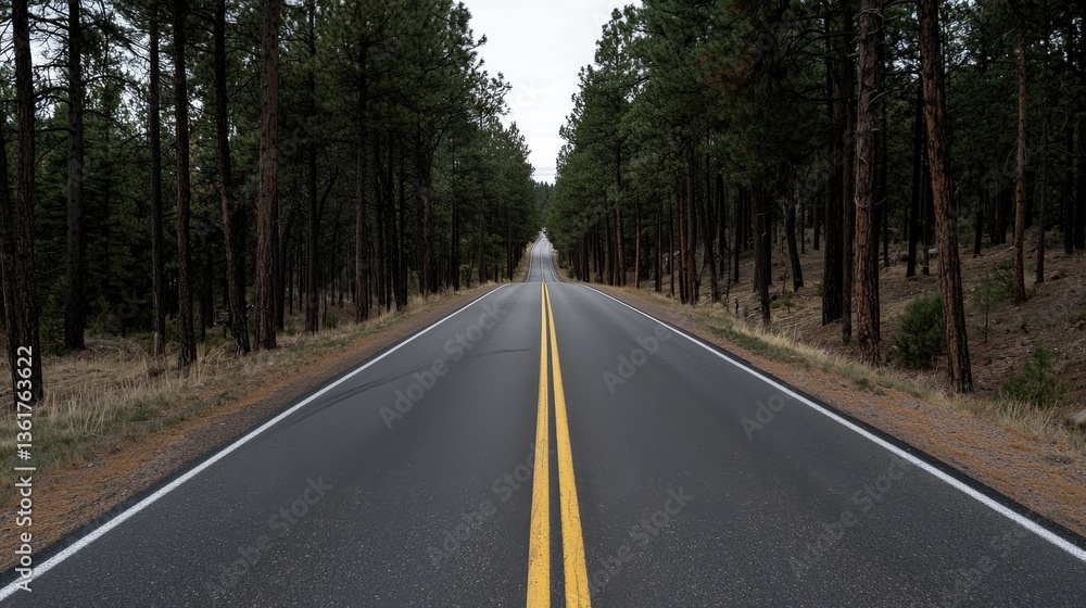 Fototapeta premium Asphalt highway curves through a green forest landscape under a summer sky, inviting travel on an empty rural way lined with trees
