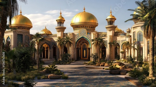 Obraz na płótnie Majestic arabian palace with golden domes and intricate detailing architecture w salonie