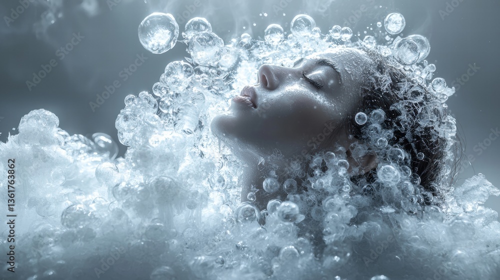 Fototapeta premium Relaxing scene of a woman enjoying a calm bath surrounded by water and soft light