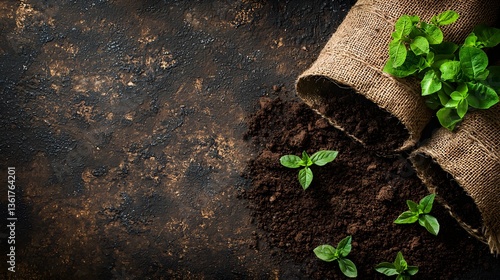 sustainable living concept Fresh soil is spilled with small green plants sprouting from it, surrounded by burlap sacks.
