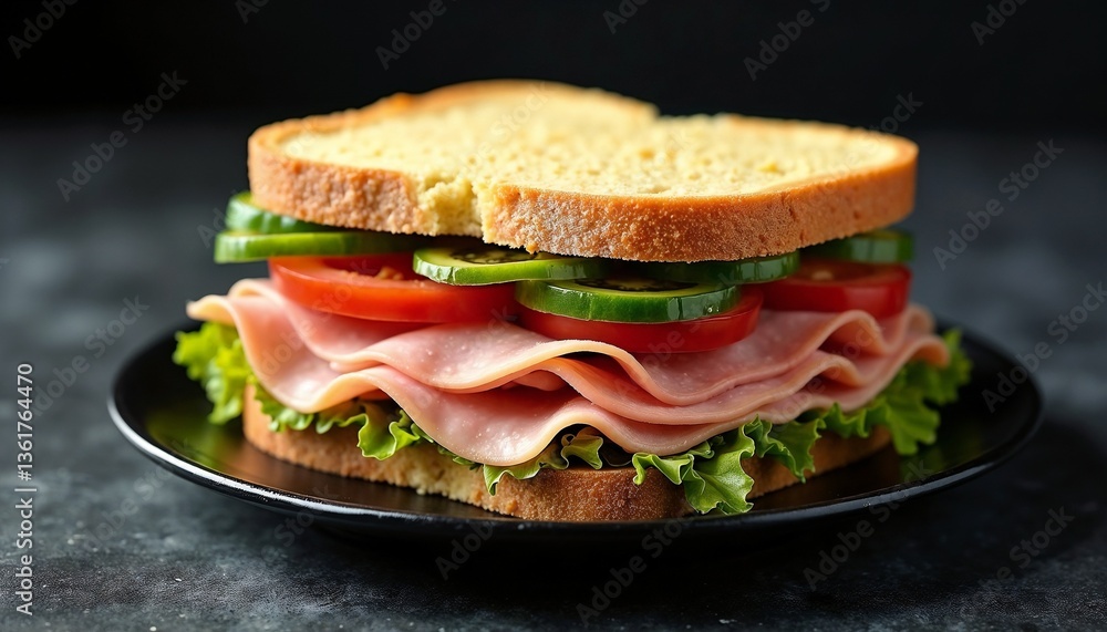 Freshly made sandwich with layers of turkey, lettuce, tomato, and cucumber on a dark plate Freshly made sandwich with layers of turkey, lettuce, tomato, and cucumber on a dark plate