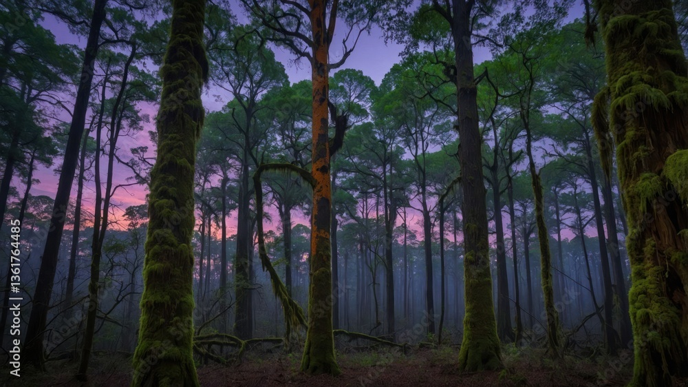 Fototapeta premium A serene forest scene at dusk, showcasing tall trees with moss and a misty atmosphere.